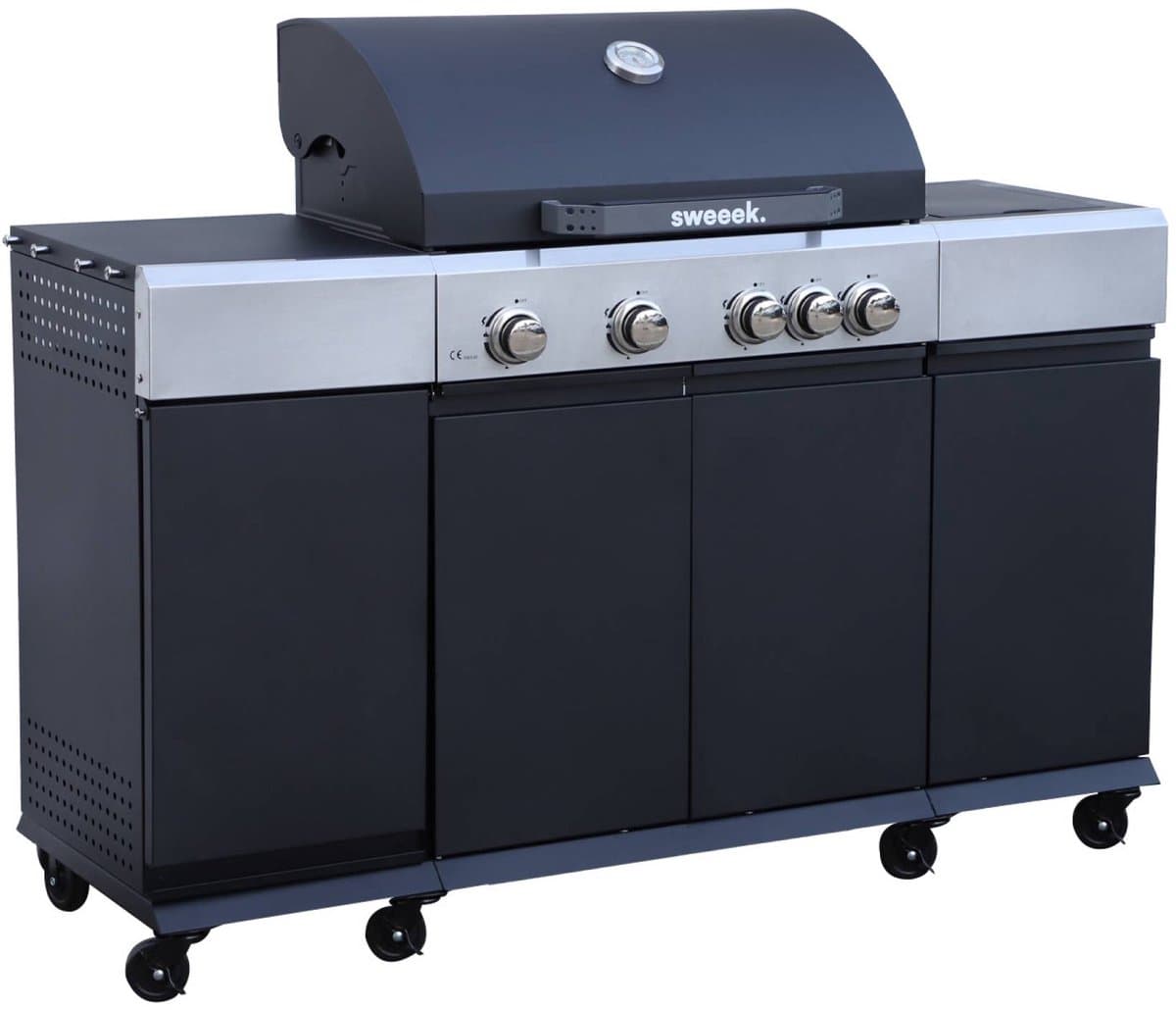 sweeek - Gasbarbecue 4 branders + 1 zijbranders maxim, staal, ingebouwde thermometer, vetopvangsysteem, verwarmingsrooster, l 145,5 x b 61,5 x h 143,5 cm — afbeelding 1