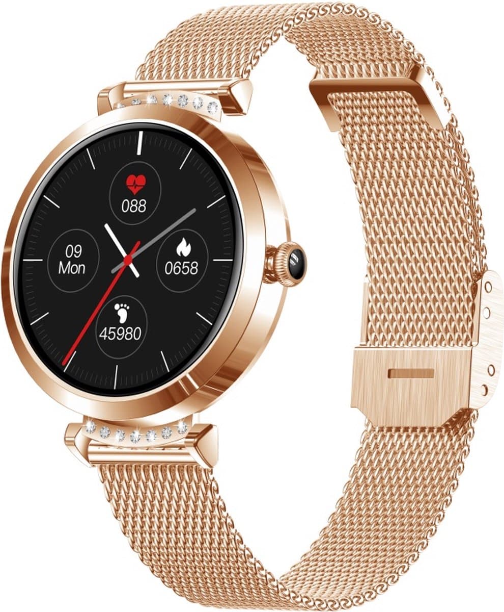 Belesy® New Jersey - Smartwatch Heren – Smartwatch Dames - Horloge – Stappenteller – Calorieën - Hartslag – Sporten - Je eigen foto als wijzerplaat - Kleurenscherm - Full Touch - Milanees – Roségoud - Moederdag — afbeelding 1