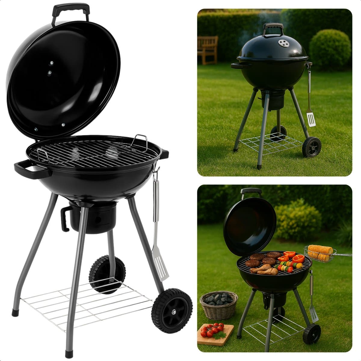 Cheqo® Houtskool Barbecue Ø45 cm - Houtskoolbarbecue - Met Deksel en Wielen - Draagbare BBQ voor Tuin of Camping — afbeelding 1