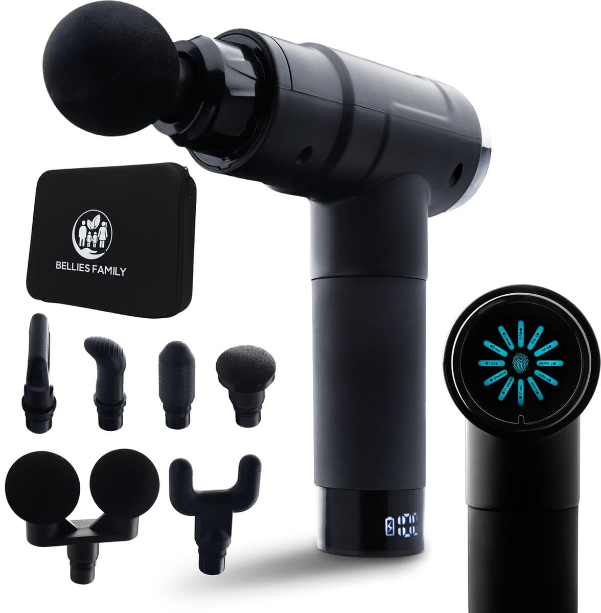 Bellies Family – Massage gun PRO – Samengesteld door MSc. Fysio – Incl. App – 12 Snelheidsstanden – Diepe Spierstimulatie (12mm) – Met Druksensor & LCD Touchscreen – Stil & Krachtig — afbeelding 1
