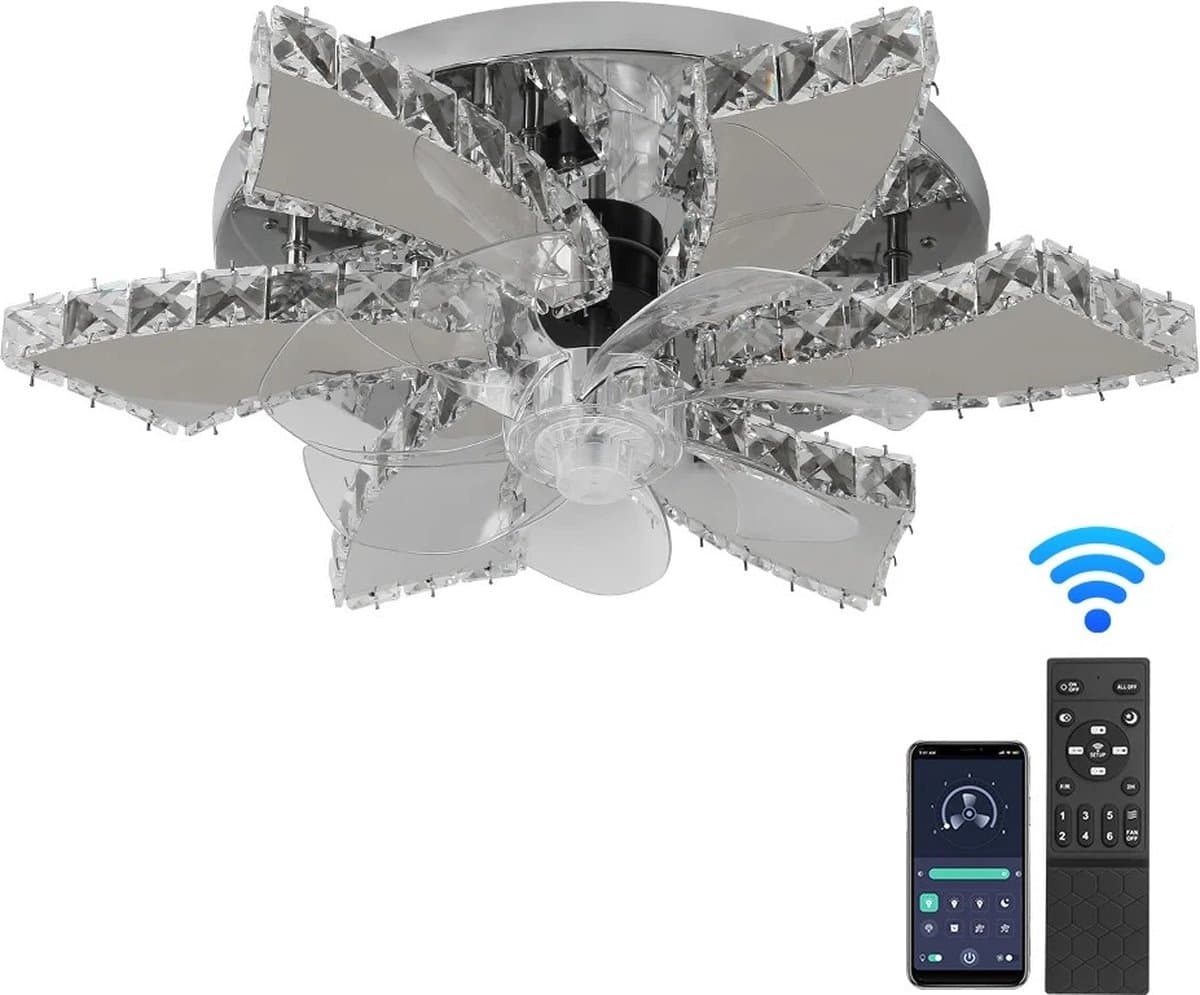 Lotus Kristallen Ventilator Lamp - Crystal Plafondventilator Met Verlichting - Plafonniere - App Bediening - Met Dimmer - 6 Standen Ventilator - Met Afstandsbediening - Keuken Lamp - Woonkamer Lamp - Moderne Lamp - LED - Chrome — afbeelding 1