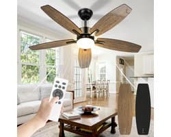 5 Blad Plafondventilator | 6 Standen | Dubbelzijdige Vleugels In Zwart & Bruin | Met Afstandsbediening | Kroonluchter Ventilator | 107 cm | Dimbaar | Woonkamerlamp | Moderne lamp