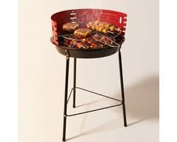Cheqo® Houtskool Barbecue - Ronde BBQ op 3 Poten - Staande Barbecue - Grillrooster met Windscherm - Verstelbaar Rooster voor Tuin en Balkon - Buitenbarbecue - Houtskoolbarbecue - Rood - Camping BBQ - Grillen voor Buiten - Picknick