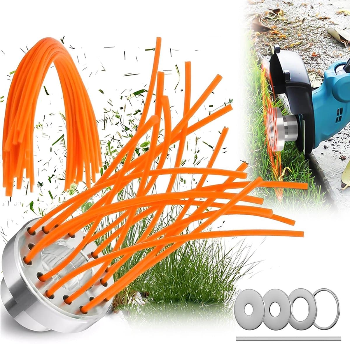 Trimmerkop van aluminiumlegering - met oranje nylonkoord — Inclusief 1 trimmerkop van aluminiumlegering, 43 nylonkoorden (30 cm, vierkant), 1 ronde sleutel en 4 ringen. — afbeelding 1