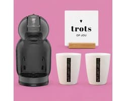 KRUPS NESCAFÉ Dolce Gusto MiniMe KP120810 - Koffiecupmachine - Antraciet / zwart + 2 witte mokken 'But first coffee' + witte tegel "Trots op jou" + tegelhouder