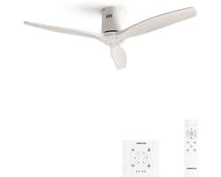 CREATE - Plafondventilator silent 100% hout 40W (Ø112cm) - Geen licht - Controller voor wandmontage + afstandsbediening - 6 snelheden - Programmeerbaar - WIND CALM NATURAL WOOD