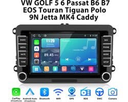 Junsun linux Draadloze CarPlay & Andriod Auto Autoradio Geschikt Voor VW GOLF 5 6 Passat B6 B7 EOS Touran Tiguan Polo 9N Jetta MK4 Caddy Accessoires , Bluetooth, GPS Navi, 7-inch Touchscreen, AirPlay, Stuurwielbediening, WiFi, USB, RDS, Plug & Play