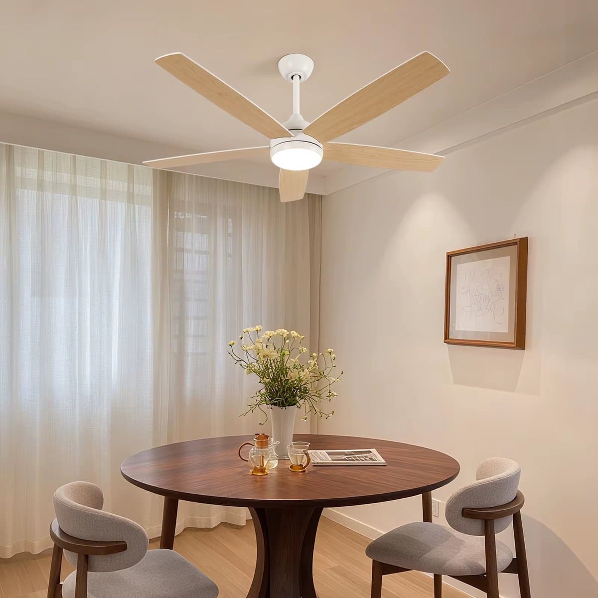 5 Bladen Ventilator - Hanglamp Ventilator - 3 Standen - Dimbaar Met Afstandsbediening - 132 cm - Kroonluchter Ventilator - Licht Bruin - Woonkamer Lamp — afbeelding 1