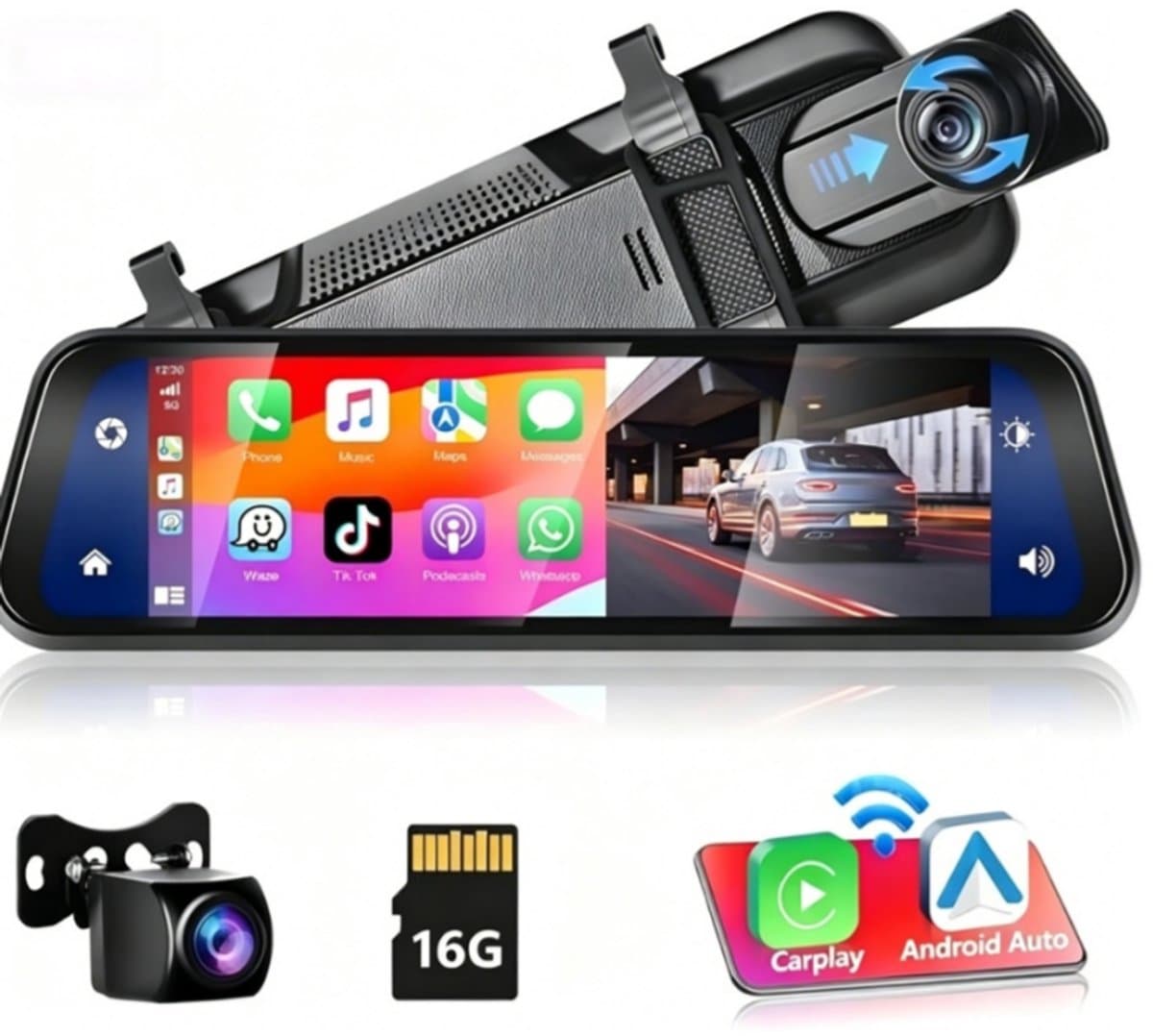 Achteruitkijkspiegel-dashcam - met draadloze Apple CarPlay- en Android Auto-functionaliteit - 9,66 inch - 4K-resolutie - IPS-touchscreen - dual-screen dashcam - Bluetooth + AHD-achteruitrijcamera - wifi - inclusief 16 GB SD-kaart — afbeelding 1