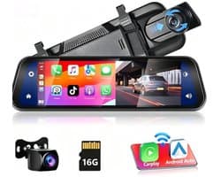 Achteruitkijkspiegel-dashcam - met draadloze Apple CarPlay- en Android Auto-functionaliteit - 9,66 inch - 4K-resolutie - IPS-touchscreen - dual-screen dashcam - Bluetooth + AHD-achteruitrijcamera - wifi - inclusief 16 GB SD-kaart