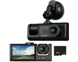 Driecamera-dashcam - 170° groothoek - drie camera's (voor, binnen en achter) - Full HD - 2-inch scherm - nachtzicht en botsingsdetectie - Cyclische opname - Achteruitrijbeeld - Inclusief 16 GB SD-kaart