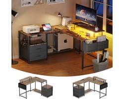 Gaming Bureau met LED Verlichting - 120x120x75cm - L-Vormig Game Bureau met Stopcontact - 2 Non Woven Lade - Gaming Desk - Computer Tafel - Gaming Tafel - Bureau voor Gamen, Studeren en Werken - Vintage Bruin
