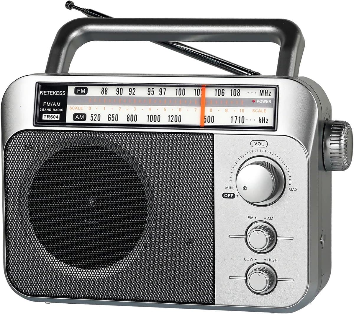 Noodradio - Retekess Draagbare radio - Werkt op batterijen en op Netstroom - Retro radio - FM radio - Keukenradio - Noodradio Denk Vooruit - Handvat - Koptelefoonaansluiting - Zilver (TR604) -Vaderdagcadeau — afbeelding 1