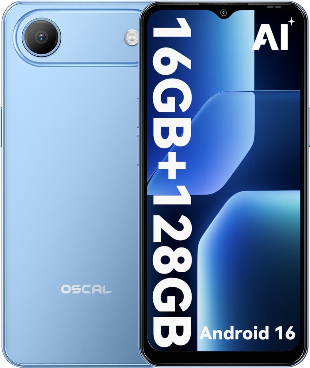 OSCAL FLAT 3C Smartphone - 4G Dual SIM - 16GB RAM - 128GB ROM - 6,56 inch - Android 16 Telefoon - 5000mAh 336Uren - 32MP - GPS - Blauw — afbeelding 1