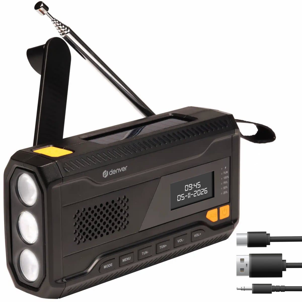 Denver Noodradio - Powerbank Zonneenergie - DAB & FM Radio - Noodpakket - Zaklamp - Opwindbaar - SOS Licht - Solar powerbank - SCD2033 — afbeelding 1