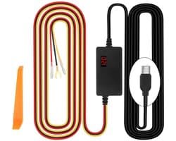 Dashcam aansluitset geschikt voor vaste bedrading, 12V-24V naar 5V 3A, geschikt voor spanningsindicator, instelbare spanning, 24-uurs parkeerbewakingsmodus, bescherming tegen overontlading van de batterij, Type-C interface en opstartfunctie.