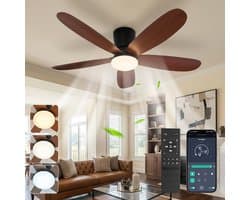 Rosnek Plafondventilator met Lamp - 42 Inch vervangen door Ø106 cm - LED Plafondlamp Dimbaar - Afstandsbediening & App - 6 Snelheden - Stille DC Motor - Laag Profiel - Walnootlook