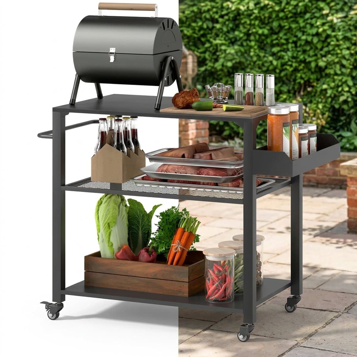 Buitenkeuken op Wielen – BBQ Trolley – Met Opbergkast & Planken – Werktafel voor Buiten – Hout & Metaal – Multifunctioneel – Zwart — afbeelding 1