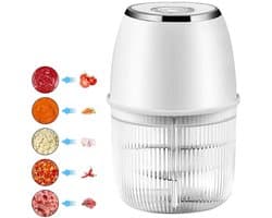 Elektrische keukenmachine van 350 ml met 6 messen voor het hakken van knoflook en vlees, oplaadbaar via USB – Wit