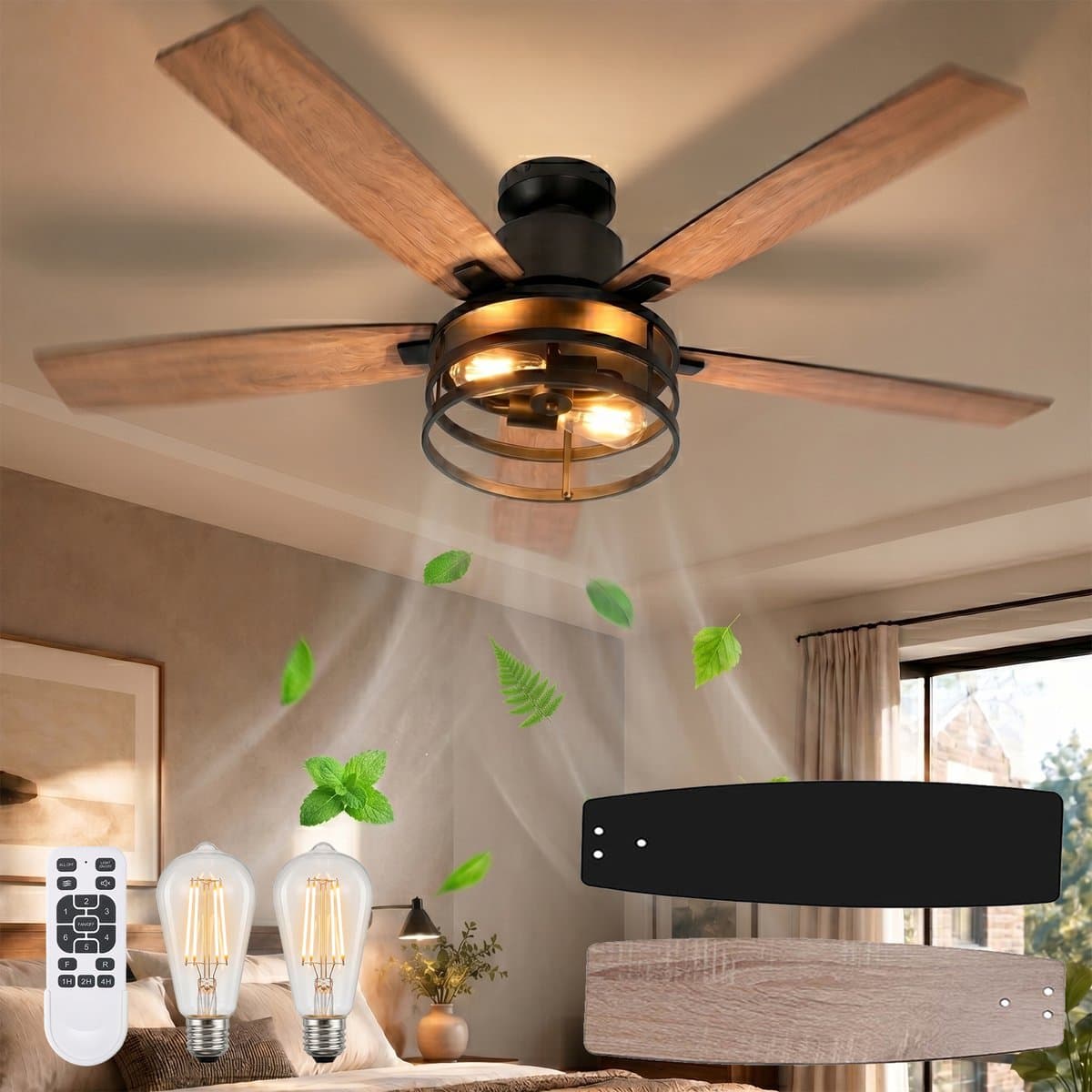 Rosnek Plafondventilator met Verlichting Ø112cm - Smart Lamp met Afstandsbediening - Plafonniere Keuken Lamp met 6 Ventilatiesnelheden - Plafond Ventilator Lamp met Timer, Landelijke Stijl voor Slaapkamer, Woonkamer & Terras — afbeelding 1