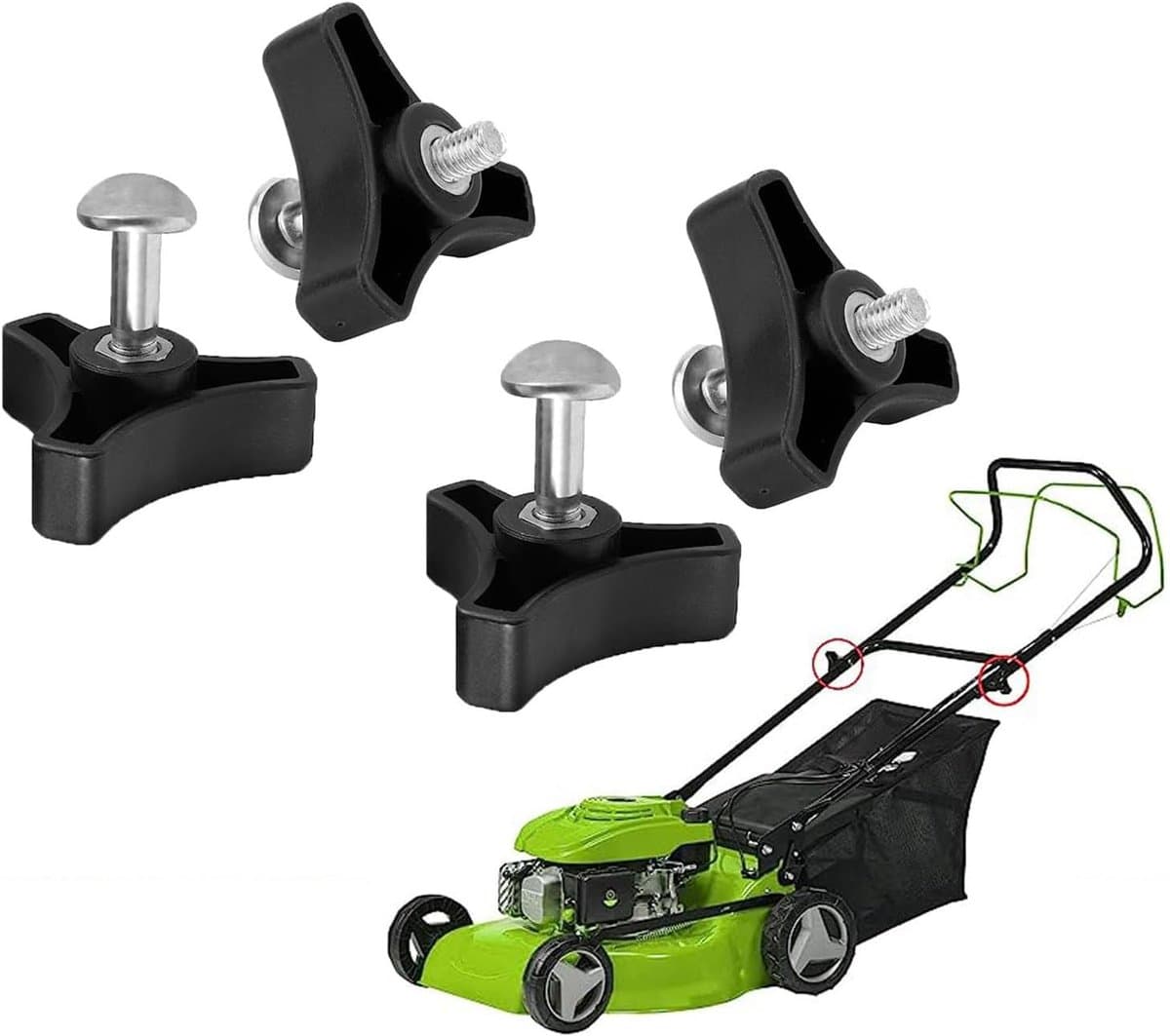 Vleugelmoeren voor grasmaaiers, 4 stuks. Universele kunststof vleugelmoeren en driehoekige bouten voor grasmaaiers. Onderdelen en accessoires voor grasmaaiers. — afbeelding 1