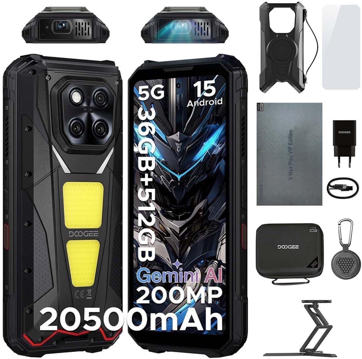 DOOGEE VMAX Play Robuuste Smartphone 5G - 36GB RAM - 512GB ROM - 20500mAh 45W - 6,78 inch 120Hz - 200MP + 32MP AI-Camera, 20MP Nachtzicht - 130dB Luidspreker - 100 LM projector - 1200LM Dubbele Campinglamp - Android 15 Telefoon - NFC GPS - Zwart — afbeelding 1