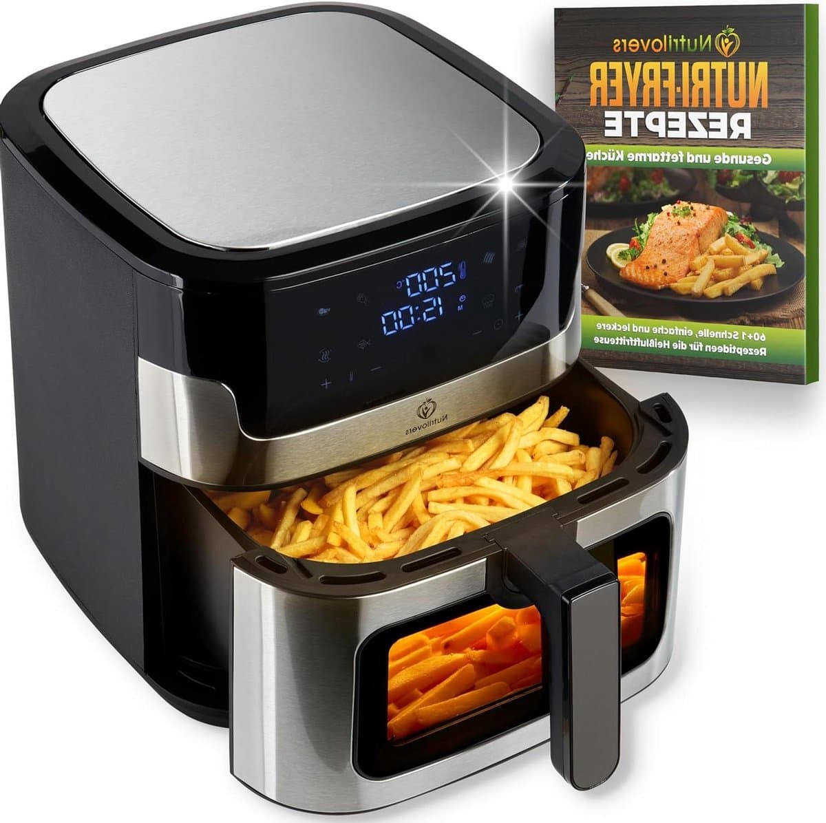 Heteluchtfriteuse - Airfryer XXL - Vetarm Koken - Dubbel Verwarmingssysteem - 8 Liter - Zwart-Zilver — afbeelding 1