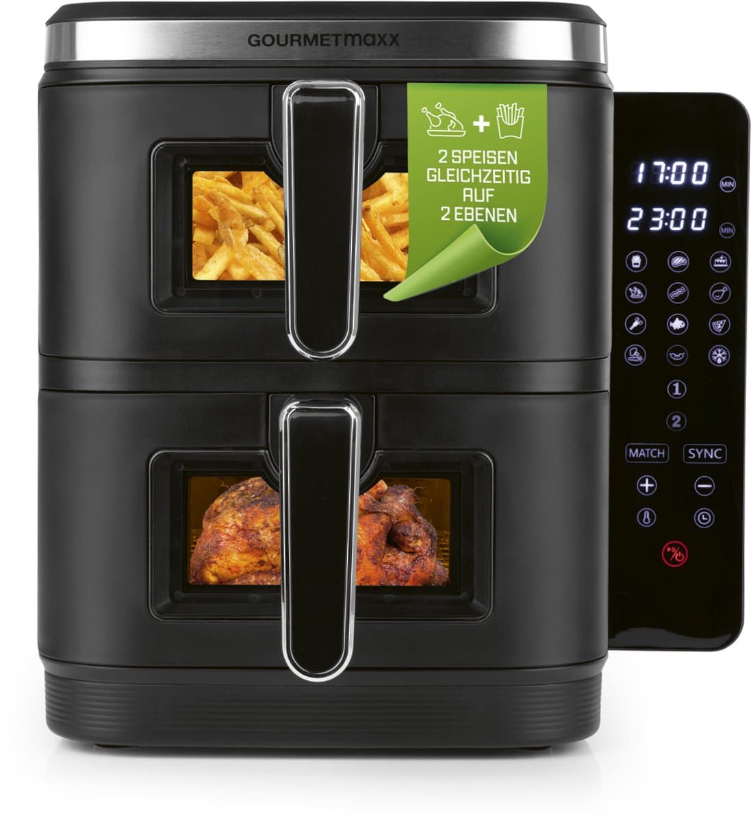 GOURMETmaxx FryUp Verticale dubbele kamer heteluchtfriteuse XXL | Airfryer met kijkvensters en opklapbaar touchdisplay | Heteluchtfriteuse 2 kamers - 10 l inhoud | Heteluchtfriteuse dubbele kamer 2 niveaus — afbeelding 1