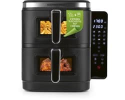 GOURMETmaxx FryUp Verticale dubbele kamer heteluchtfriteuse XXL | Airfryer met kijkvensters en opklapbaar touchdisplay | Heteluchtfriteuse 2 kamers - 10 l inhoud | Heteluchtfriteuse dubbele kamer 2 niveaus
