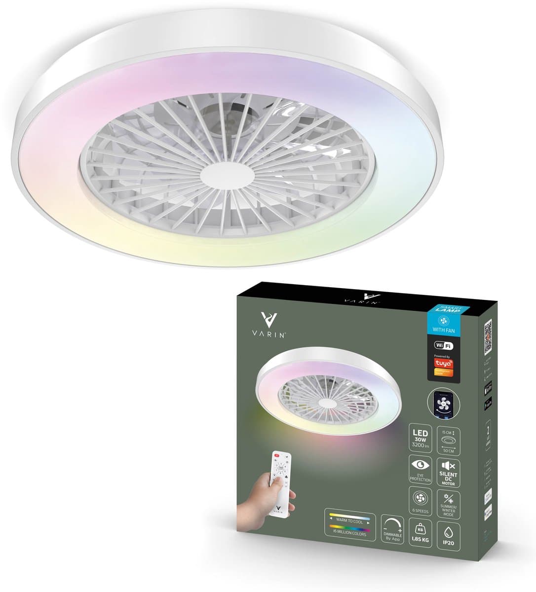 Varin® Plafondventilator met verlichting - Wit - Tuya Wifi - LED 30W RGBW - Ø 50cm - Super stil - Afstandsbediening - Smart lamp - Plafondlamp - Plafonniere - Plafondlampen - Plafond lamp - Verlichting kinderkamer slaapkamer woonkamer - Ventilator — afbeelding 1