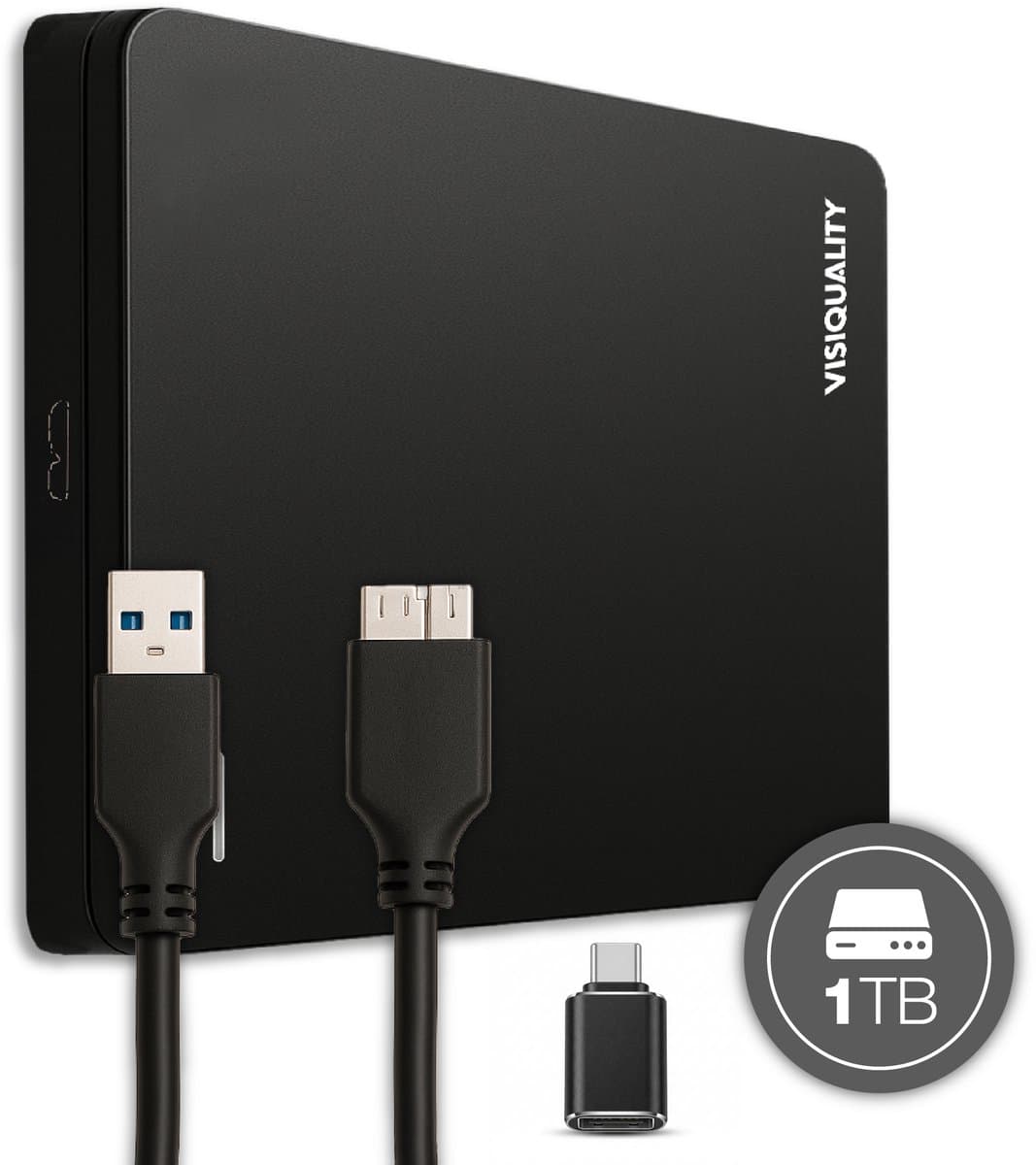 VisiQuality High-Speed Externe Harde Schijf 1 TB - Draagbare Harde Schijf USB 3.0 - Voor Windows & Mac - Geschikt voor Gameconsoles - Compact - Met handleiding - Zwart — afbeelding 1