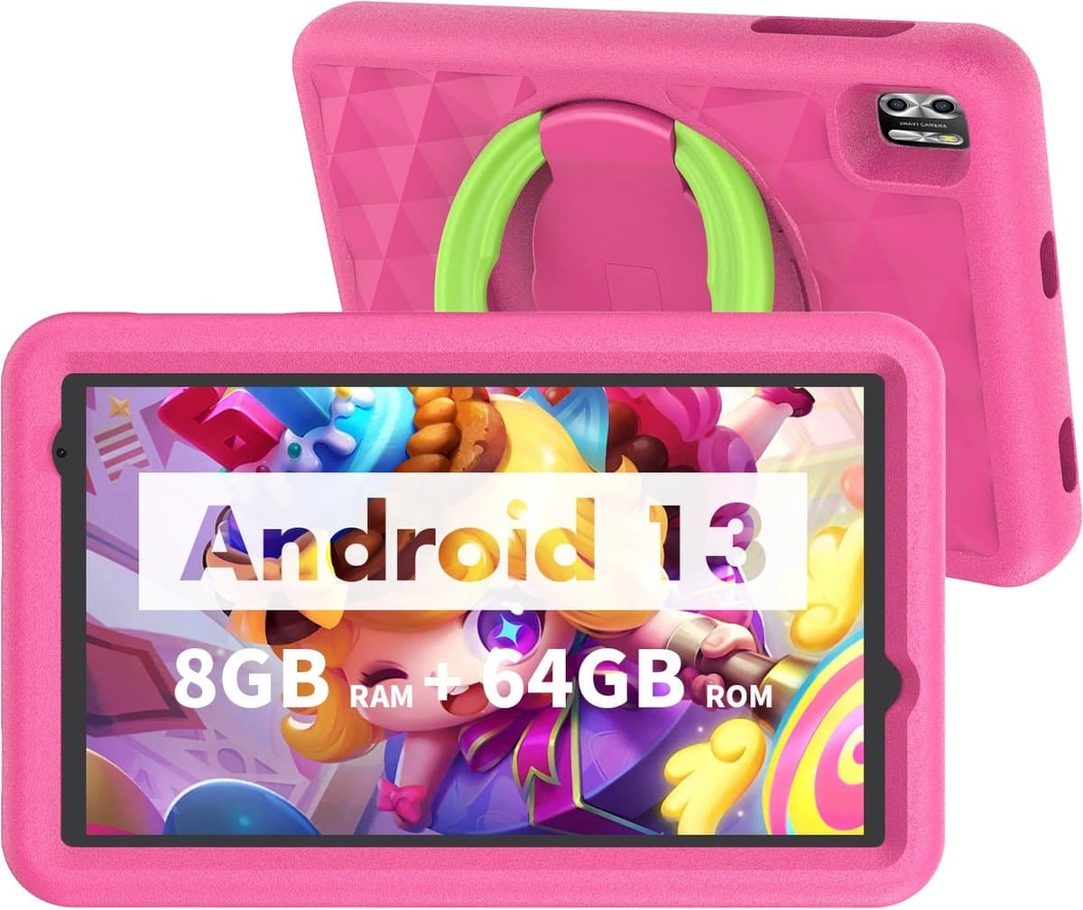 Elementkey Ai-Kids Pro - 8 Inch Kindertablet Android 13, 128GB - 8GB ram - Opslag en Schokbestendige Behuizing Kinderen - Roze — afbeelding 1