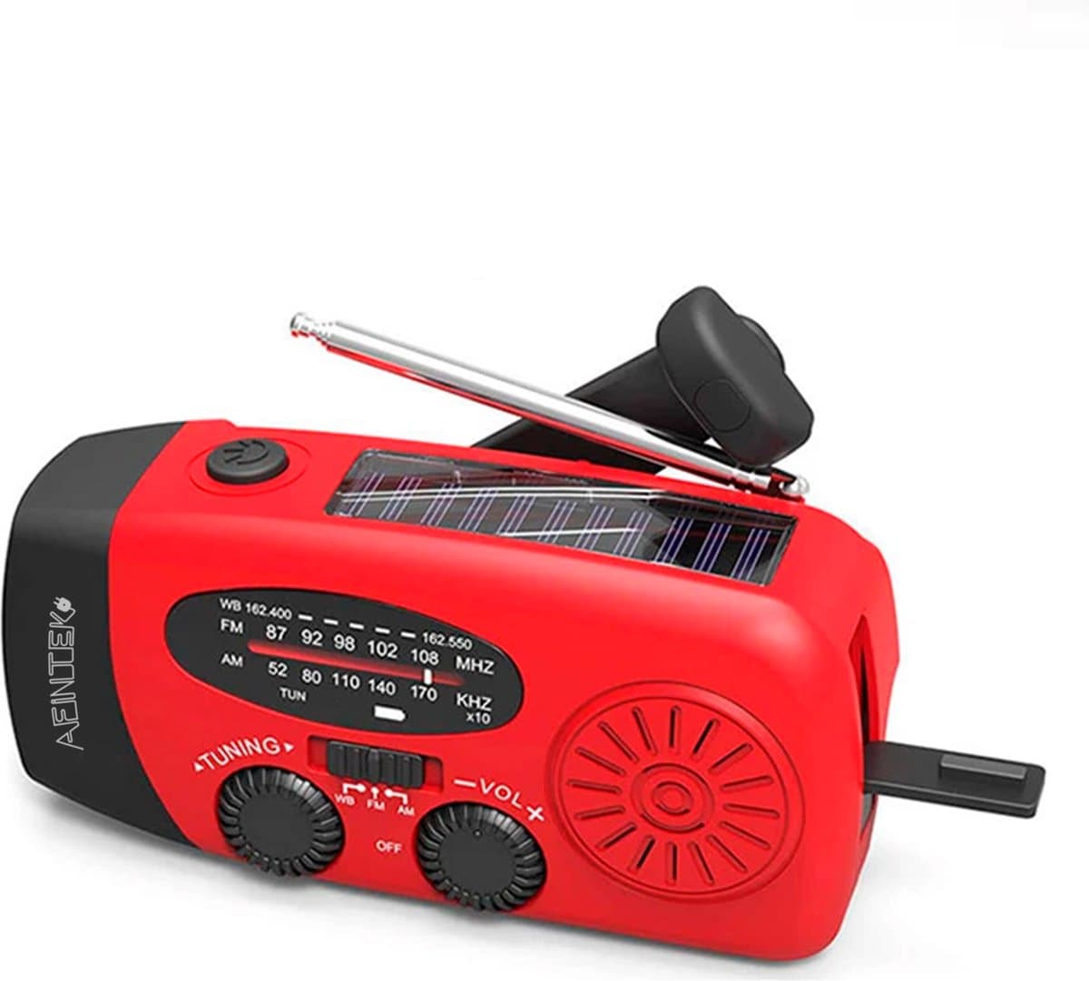 AFINTEK Noodradio Solar - 2000mAh Powerbank - LED Zaklamp - Opwindbaar via Handcrank & Zonne-energie - AM/FM - Voor Noodpakket & Camping - Rood — afbeelding 1