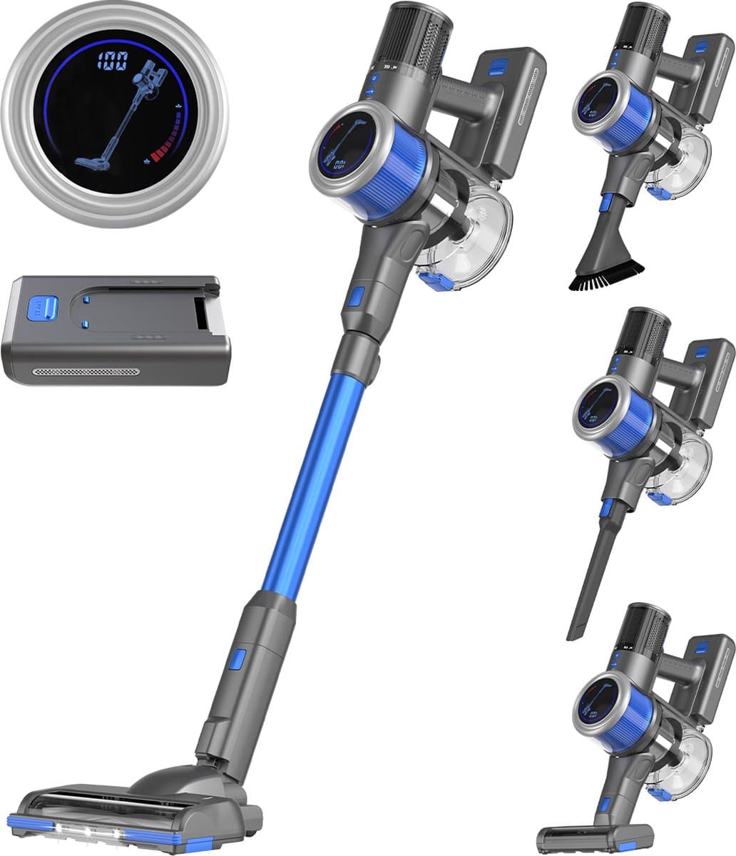 Auronic Steelstofzuiger Draadloos 350W - Draadloze Stofzuiger - HEPA Filter - Zelfstaand - Extra Accu - Op Accu - Zonder Zak - Kruimeldief - Vacuum Cleaner - Grijs/Blauw — afbeelding 1