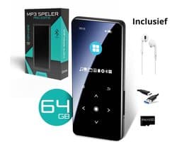 Draagbare Bluetooth MP3-Speler -Inclusief oordopjes, lader & microSD - Touchscreen, Offline, Zwart, Bluetooth 5.2