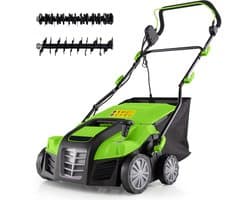 COSTWAY Elektrische verticuteermachine en gazonventilator, 41 cm, 15 A 2-in-1 verticuteermachine met 3 standen hoogteverstelling en 5 niveaus werkdiepte, inklapbare GEH-gazonventilator met 55 l