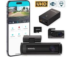 Nordväl DC202-2CH Dashcam – Incl. 128GB SD Kaart & BP125 Battery Pack – 4K Ultra HD voor en 2K QHD achter – Wifi – GPS – Parkeermodus – Dashcam voor auto – Auto Camera