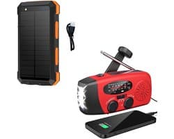 Noodradio Solar Opwindbaar en Batterij - Noodpakket - Draagbare Survival Radio - Inclusief 10.000 mAh Solar Powerbank - Powerbank Zonneenergie - Bouwradio - Zaklamp - Rood