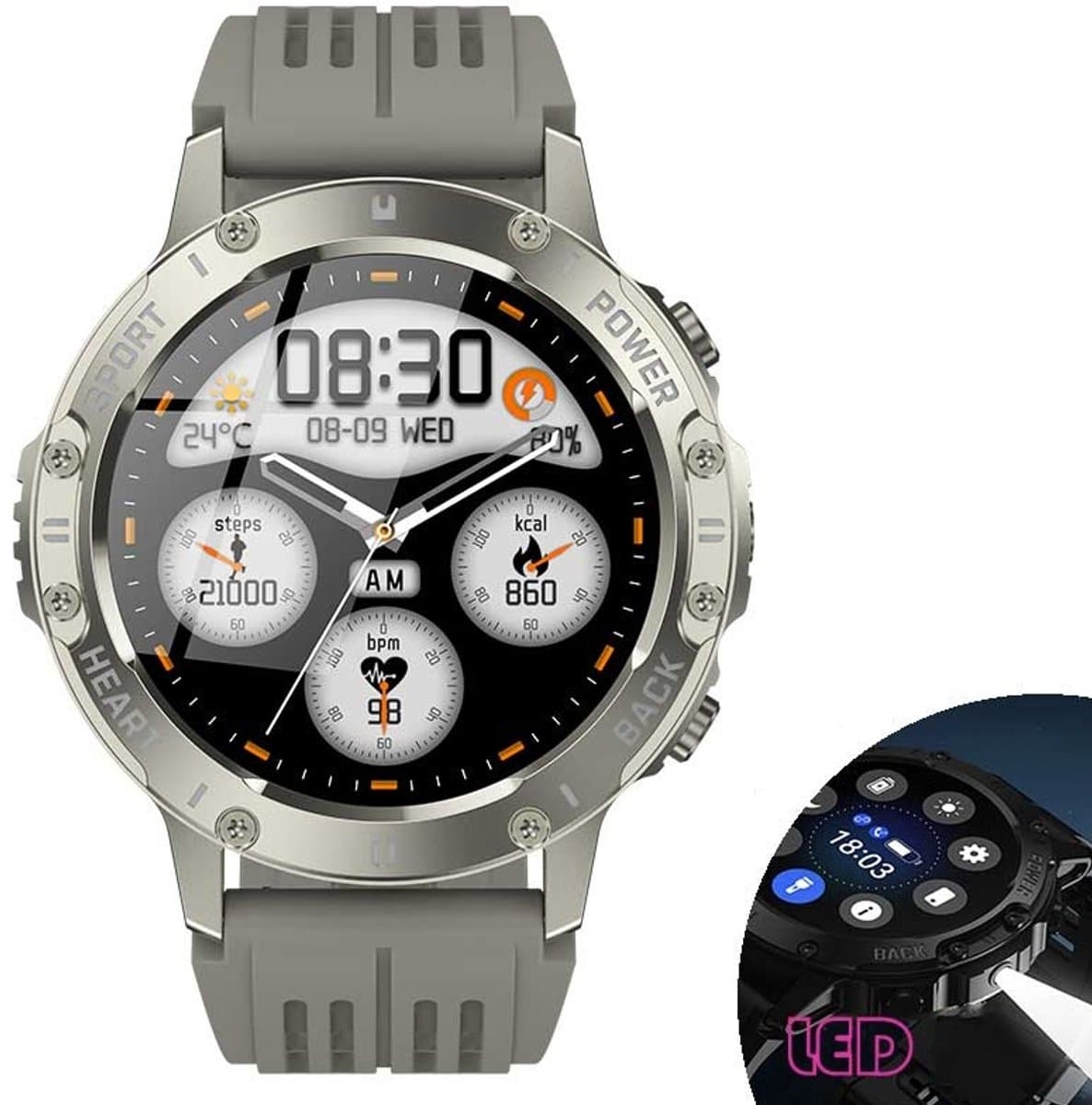 Knobbout 1.46” Scherm (3.7cm) Sportieve Smartwatch met LED Zaklamp – Bluetooth Bellen – HD Touchscreen (360×360) – 100+ Sportmodi – Hartslag, Bloeddruk & SpO₂ – IP68 Waterdicht – Muziekbediening – Android & iOS - Grijs — afbeelding 1