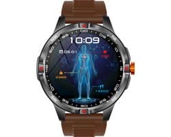 Knobbout 1.46” Scherm Sport Smartwatch met Extra Lange Batterijduur – 1000mAh - LED-zaklamp & kompas - AI Spraakassistent - Bluetooth Bellen - 100+ Sportmodi, IP68 Waterdicht -Bruin Silicone