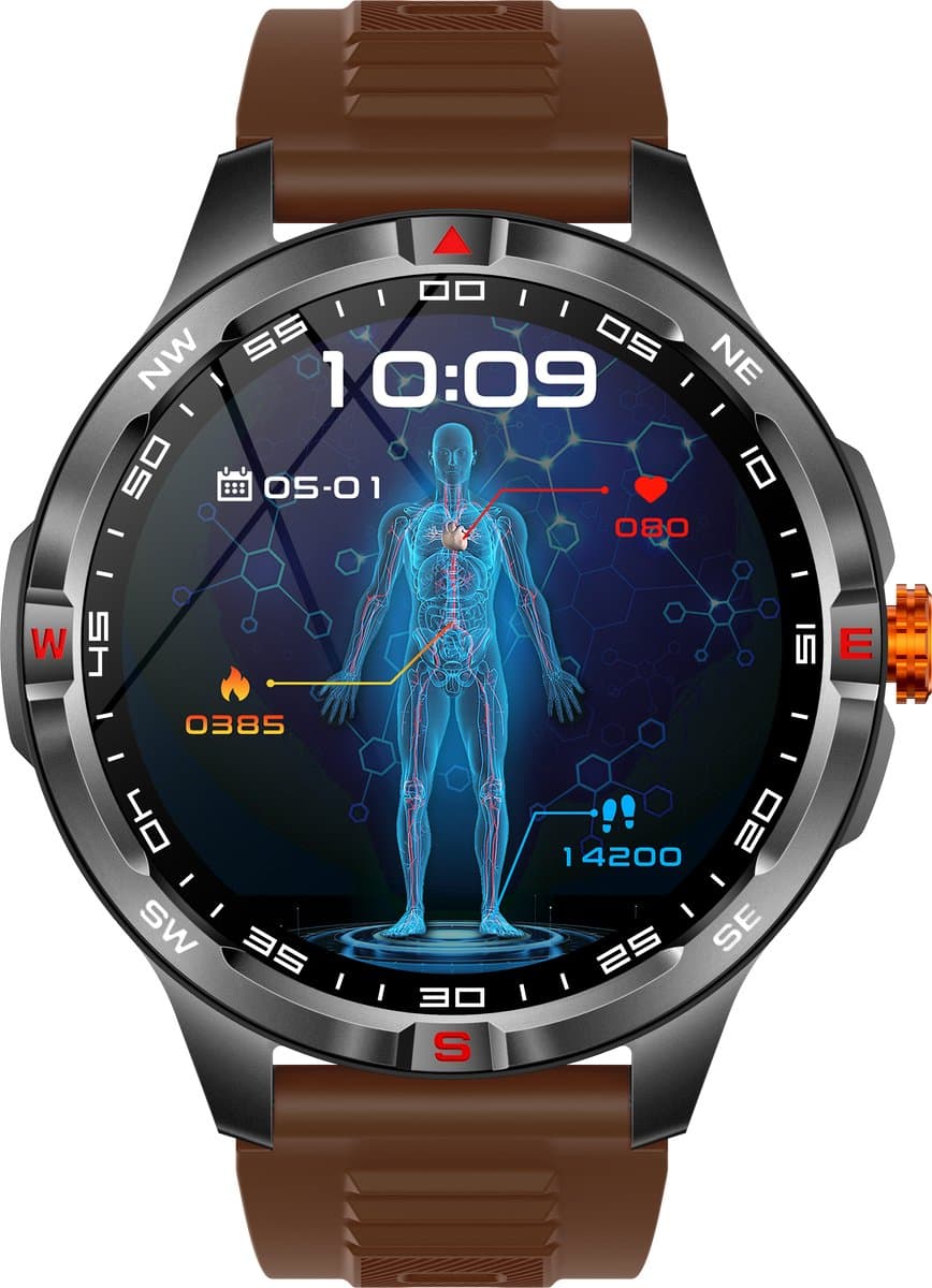 Knobbout 1.46” Scherm Sport Smartwatch met Extra Lange Batterijduur – 1000mAh - LED-zaklamp & kompas - AI Spraakassistent - Bluetooth Bellen - 100+ Sportmodi, IP68 Waterdicht -Bruin Silicone — afbeelding 1