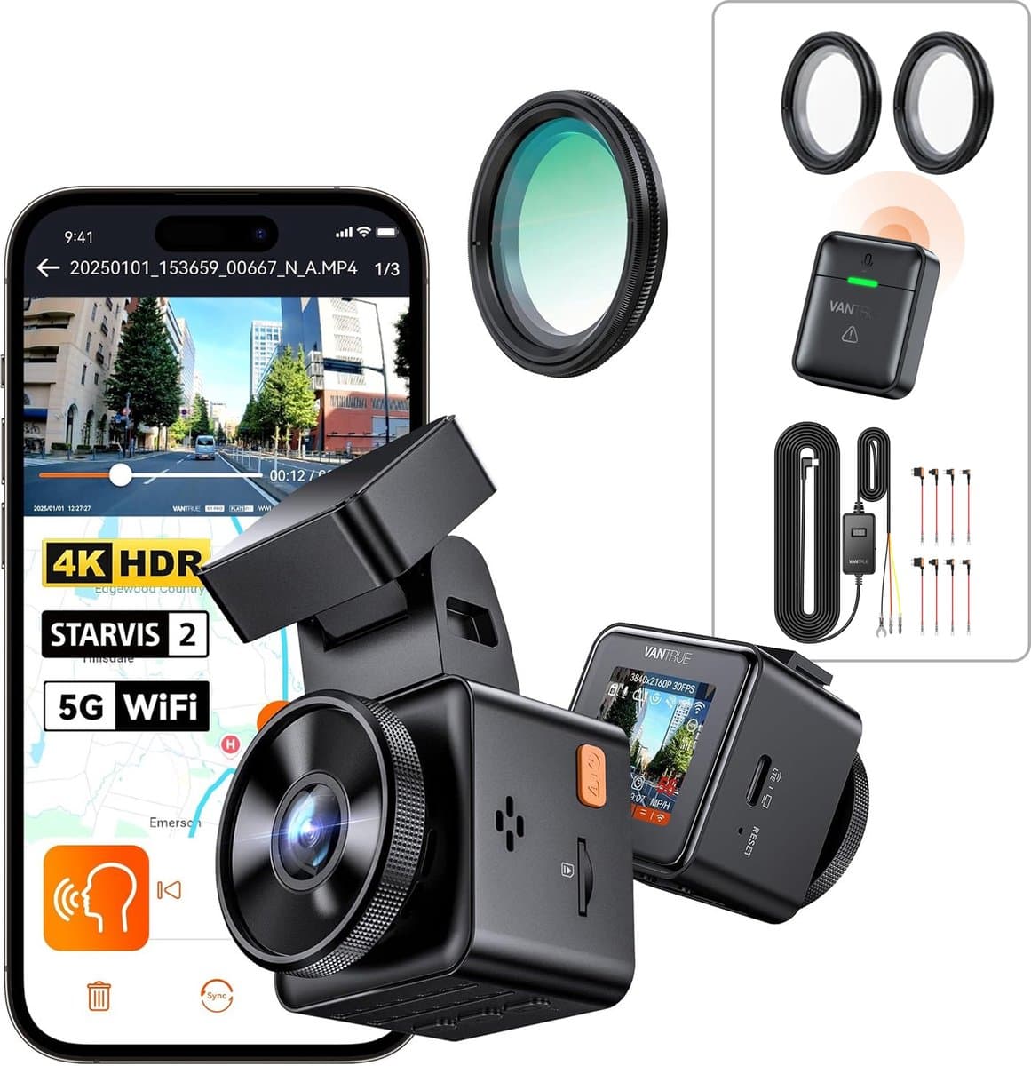 VANTRUE Element 1 Pro 4K Mini Dash Cam Voorkant, STARVIS 2 Plate Pix™ HDR Nachtzicht Autocamera, 5G WiFi GPS, 1,54'' scherm, LTE,Spraakbesturing, 24H Gebufferde Parkeermodus【Gratis bij aankoop: 40mm CPL-filter*2 +VP05 Hardwire Kit +Afstandsbediening】 — afbeelding 1