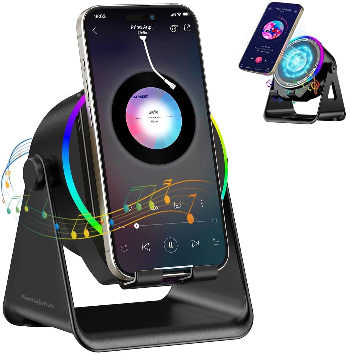 Namajunas - 5-in-1 Wireless Mini RGB Speaker - Telefoonhouder - Telefoonhouders Auto - Magnetisch - Bluetooth Speaker - Draadloze Oplader - Wireless charger - GSM Lader - 360° verstelbare houder voor iPhone/Android/iPad/Samsung - Cadeau — afbeelding 1
