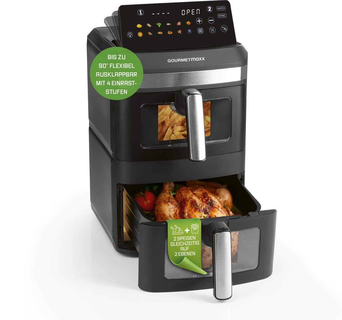 GOURMETmaxx FryUp XL verticale heteluchtfriteuse met dubbele kamer en kijkvenster - 12 l | Airfryer met 9,6 inch multicolor led-touchdisplay en 12 programma's | Heteluchtfriteuse met 2 kamers en bovenwarmte — afbeelding 1
