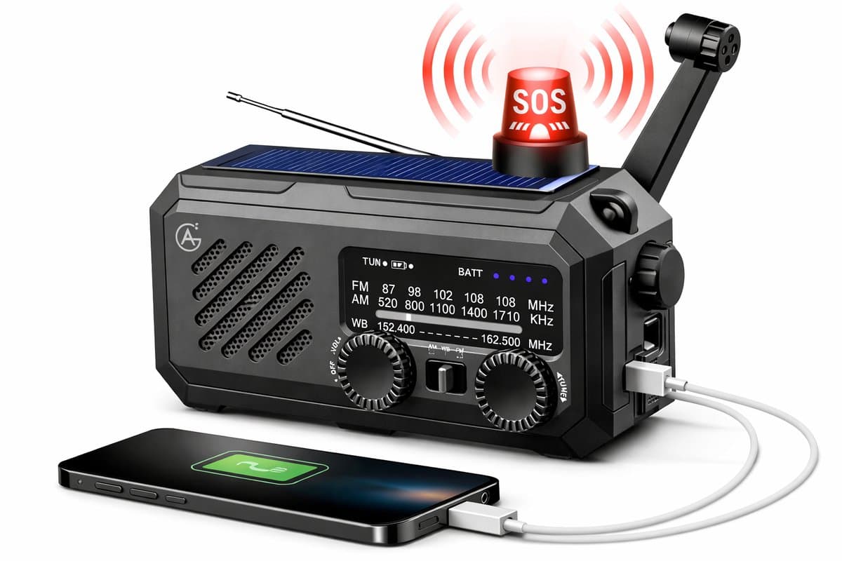 AG Noodradio Solar Opwindbaar en Batterij - Draagbaar - 3 in 1 Radio - Handdynamo – Opwindbare FM/AM/WB Radio – Powerbank 2000mAh – USB & USB-C opladen – Zaklamp & SOS-Alarm – Voor Noodpakket, Camping & Stroomuitval - Zwart — afbeelding 1