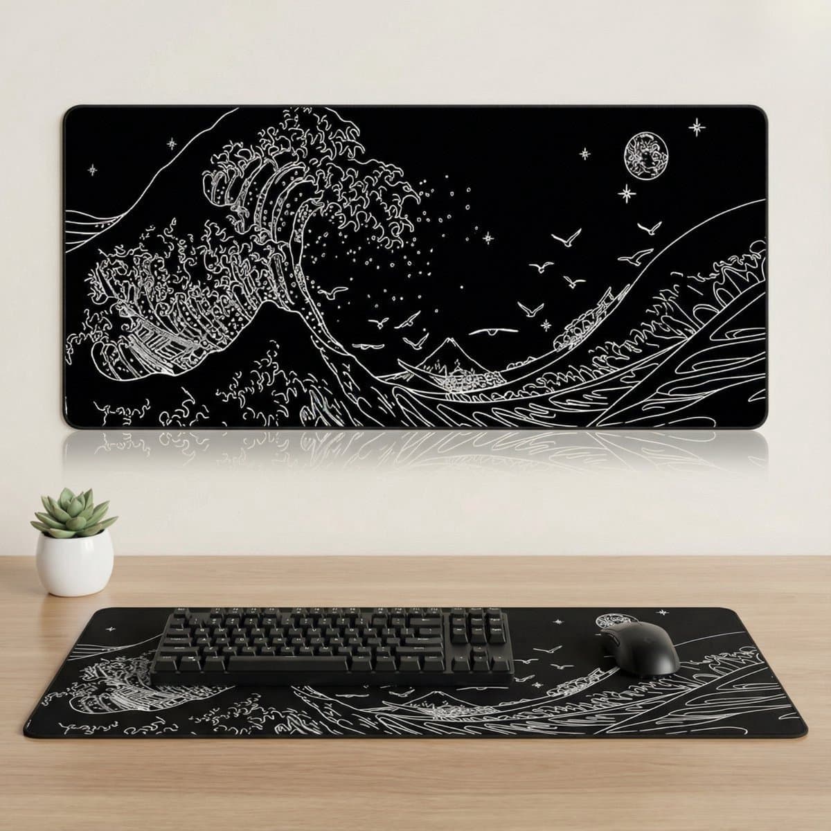 XXL Bureau Muismat - Zwarte Golven Design - Antislip - Geschikt voor Gaming en Werk - 80x30cm — afbeelding 1