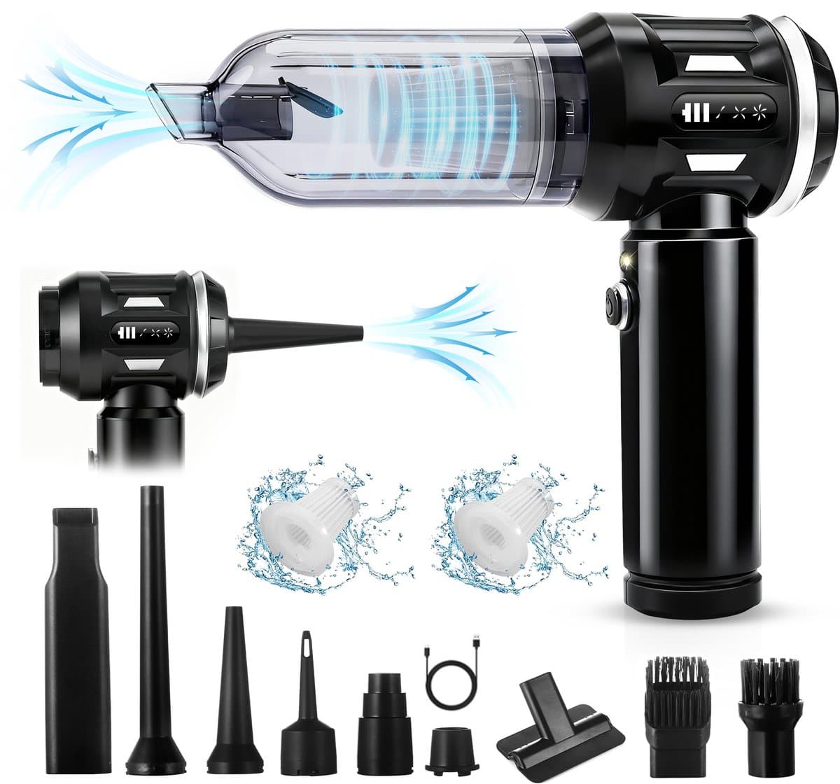 Glitzerlife - Handstofzuiger, Accu, Mini-Stofzuiger, Draadloos, 25000 Pa, Handstofzuiger, Sterk, 4-In-1 Autostofzuiger Met Borstelloze Motor, 3 Standen, DraagGlitzerlife -bare Stofzuiger Voor Auto - Zwart-Wit — afbeelding 1