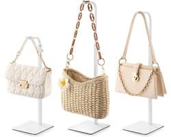 Pickpiff 3 Pack Purse Holder Handtas Display Stand: Wit Hanger Rack voor Tassen, Portemonnees en Krans, Verstelbare Haak Stand voor Tafelblad, Kast en Retail Gebruik voor Leveranciers