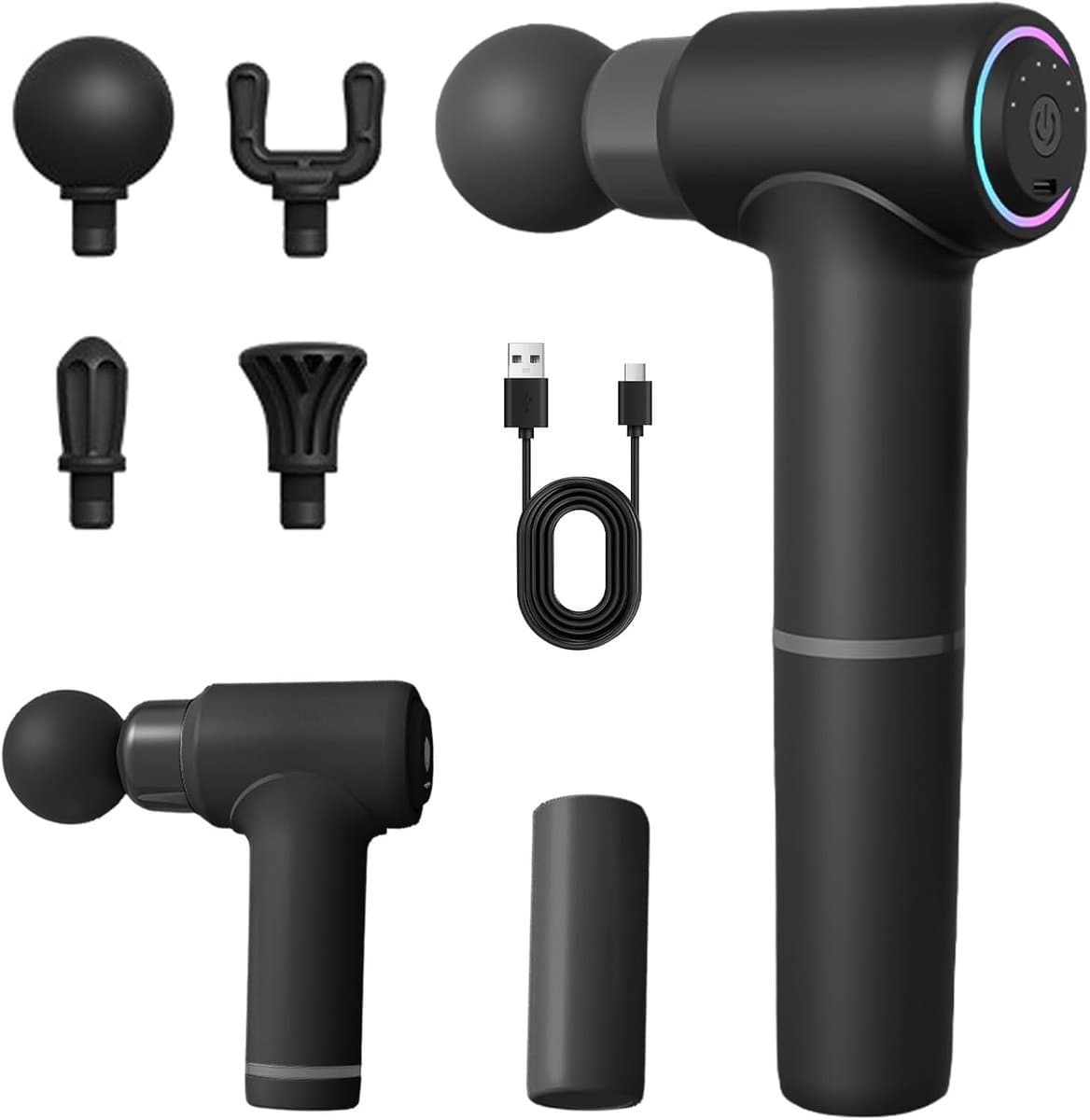 SnelShoppen - Massagepistool Draagbaar Massageapparaat 3200 tpm met Lange Steel en 4 Massagekoppen, 6 Snelheden, USB-C Opladen, Ontspannend Cadeau voo — afbeelding 1