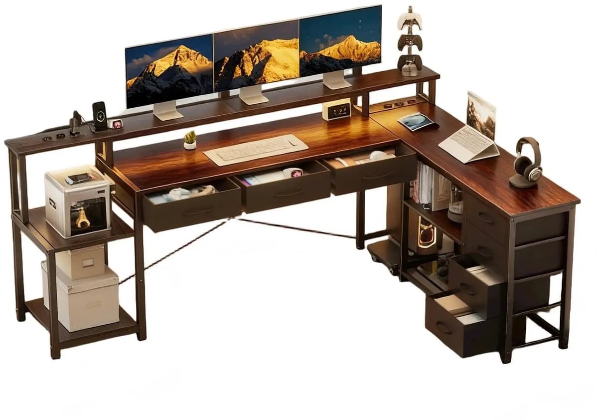 Atlasyx bureau - Tafel - Hoekbureau - Gaming - Bureautafel - CPU-houder - L-vormig ontwerp - 200 x 146 x 78 cm - Bruin — afbeelding 1
